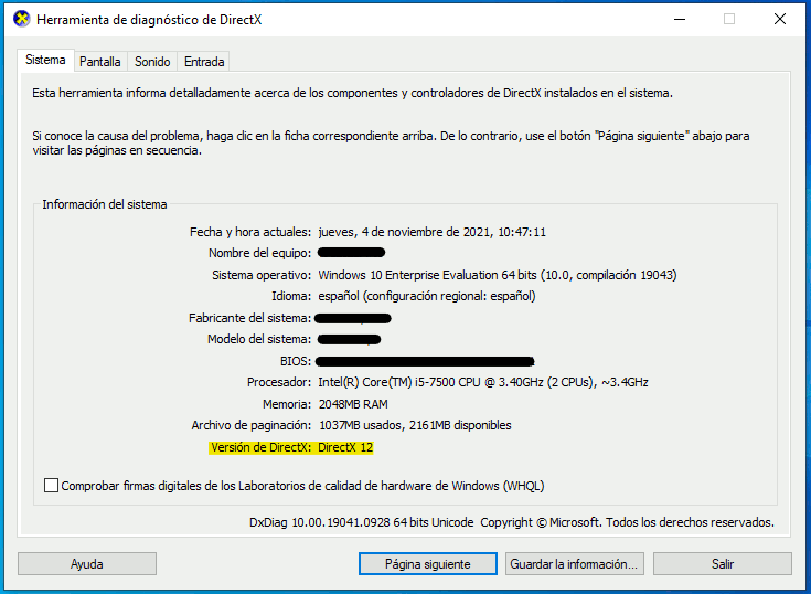 Ej. Version de DirectX